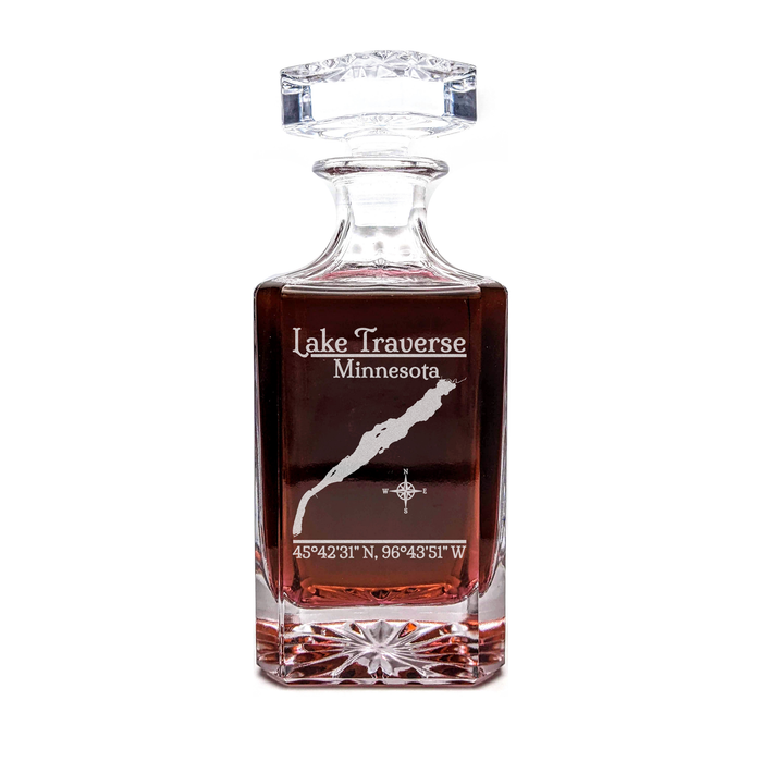 Lake Traverse Minnesota Classic engraved square whiskey decanter - light lifestyle scene