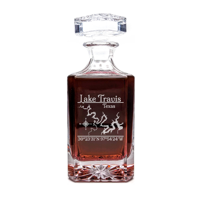 Lake Travis Texas Classic engraved square whiskey decanter - light lifestyle scene