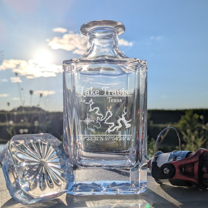 Lake Travis Texas Classic engraved square whiskey decanter - fishing lifestyle scene