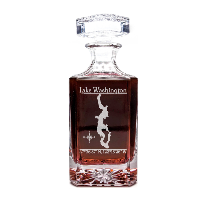 Lake Washington Washington Classic engraved square whiskey decanter - light lifestyle scene