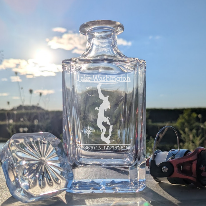 Lake Washington Washington Classic engraved square whiskey decanter - fishing lifestyle scene