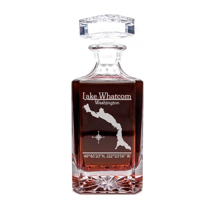 Lake Whatcom Washington Classic engraved square whiskey decanter - light lifestyle scene