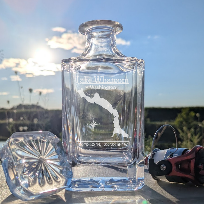 Lake Whatcom Washington Classic engraved square whiskey decanter - fishing lifestyle scene