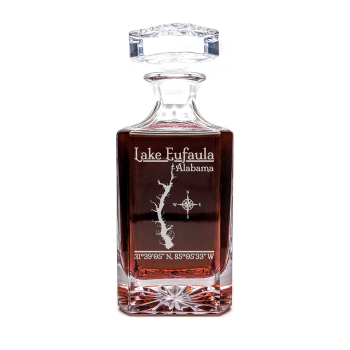 Lake Eufaula Alabama Classic engraved square whiskey decanter - light lifestyle scene