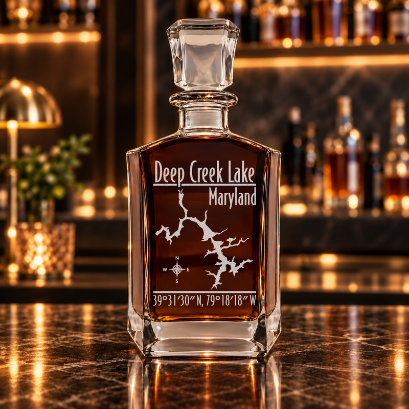Deep Creek Lake Maryland Modern engraved six-sided whiskey decanter - decanter alone