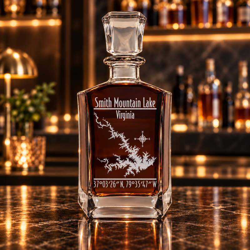 Smith Mountain Lake Virginia Modern engraved six-sided whiskey decanter - decanter alone