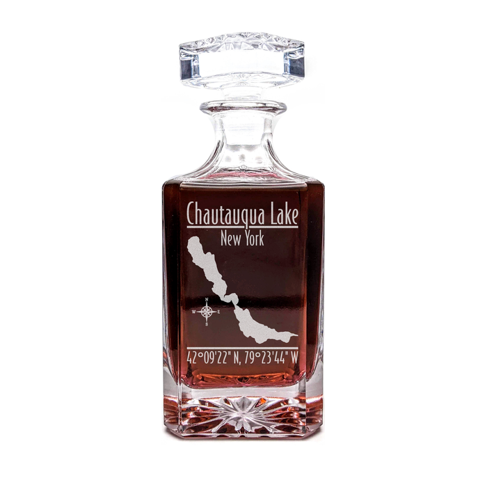Chautauqua Lake New York Modern engraved square whiskey decanter - light lifestyle scene