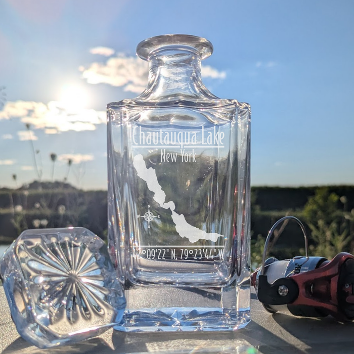 Chautauqua Lake New York Modern engraved square whiskey decanter - fishing lifestyle scene