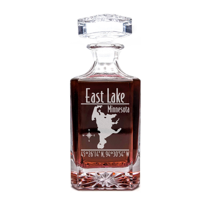 East Lake Minnesota Modern engraved square whiskey decanter - light lifestyle scene
