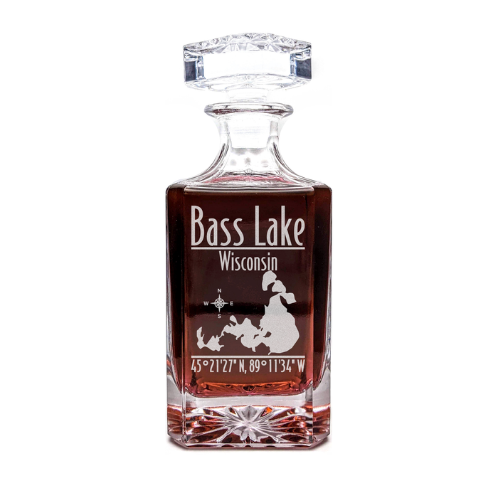 Greater Bass Lake Wisconsin Modern engraved square whiskey decanter - light lifestyle scene