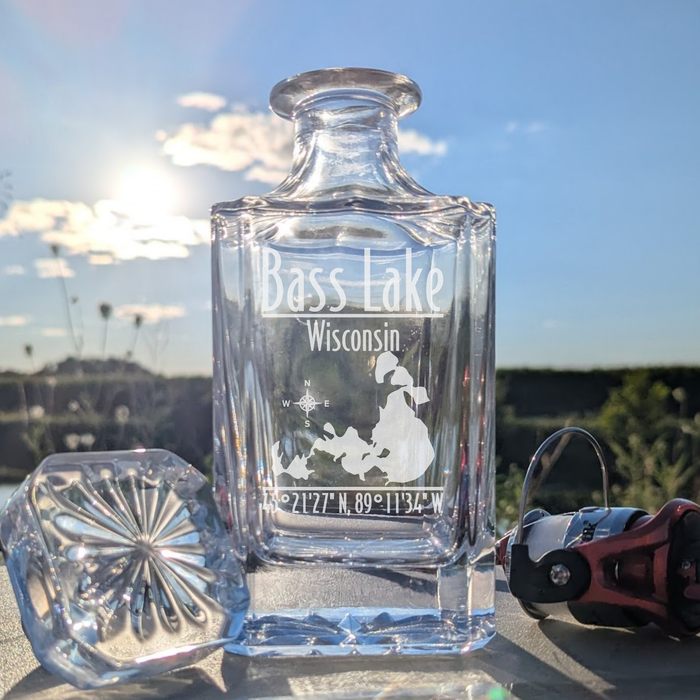 Greater Bass Lake Wisconsin Modern engraved square whiskey decanter - fishing lifestyle scene
