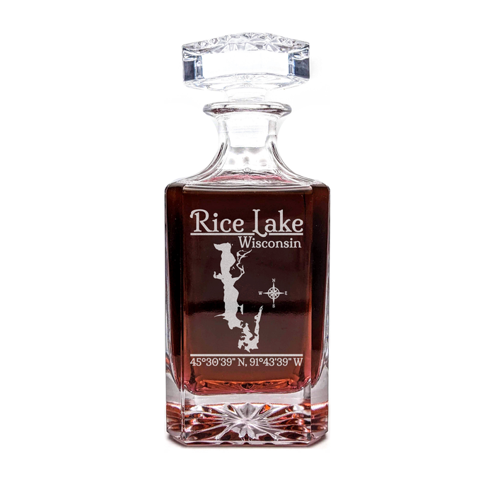 Rice Lake Wisconsin Classic engraved square whiskey decanter - light lifestyle scene