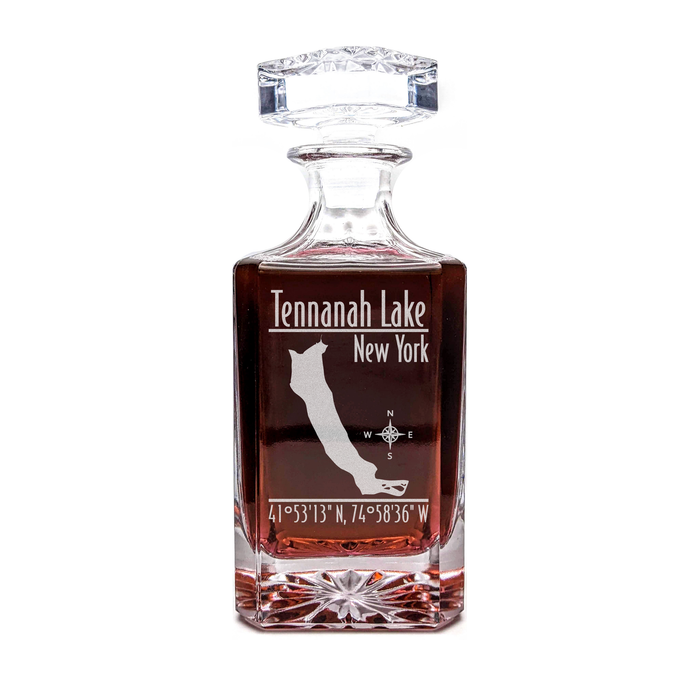 Tennanah Lake New York Modern engraved square whiskey decanter - light lifestyle scene