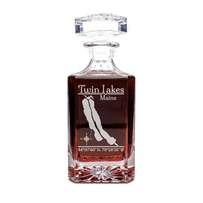 Twin Lakes Maine Classic engraved square whiskey decanter - light lifestyle scene