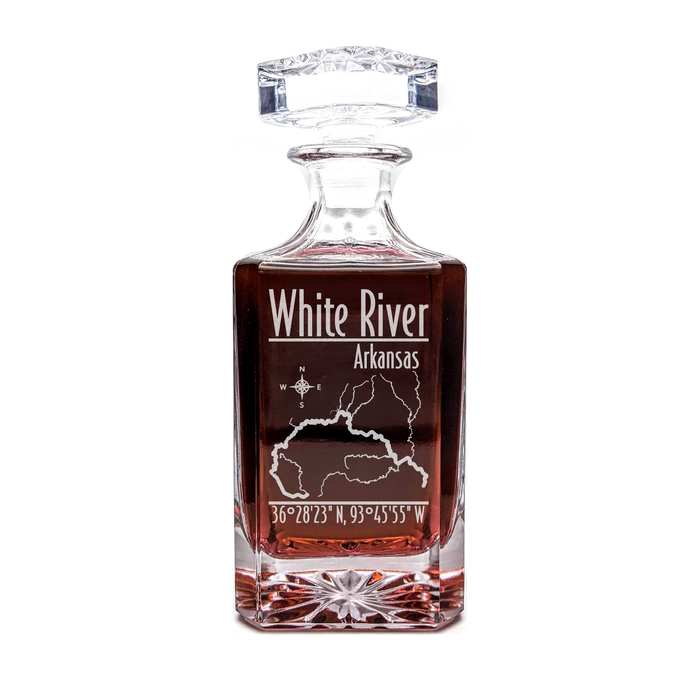 White River Arkansas Modern engraved square whiskey decanter - light lifestyle scene