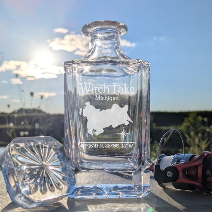 Witch Lake Michigan Classic engraved square whiskey decanter - fishing lifestyle scene