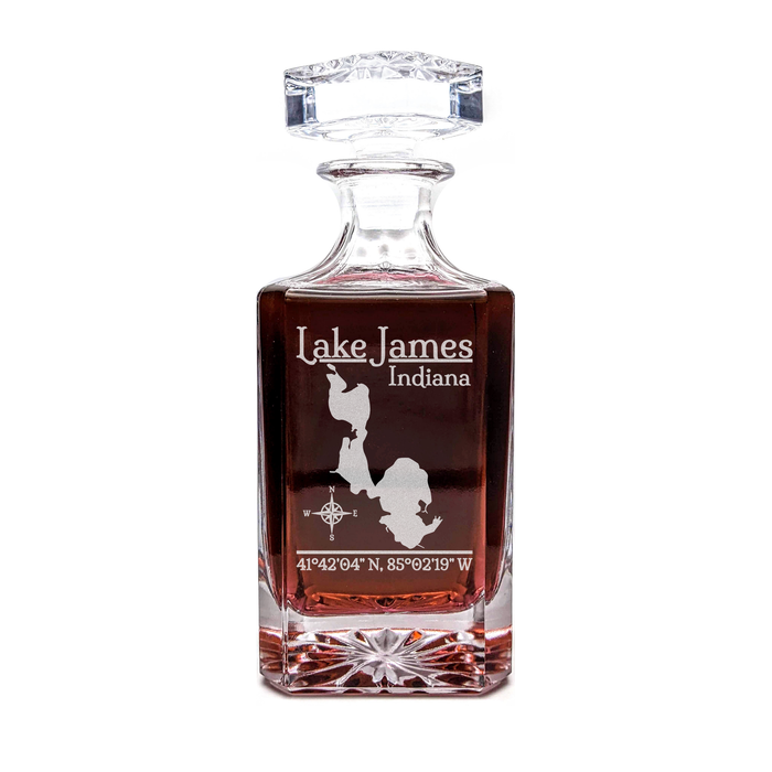 Lake James Indiana Classic engraved square whiskey decanter - light lifestyle scene