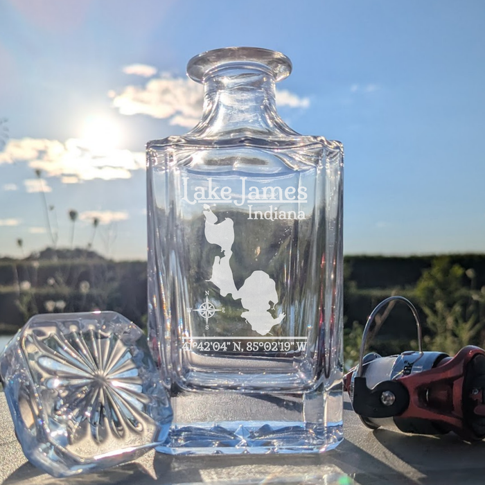 Lake James Indiana Classic engraved square whiskey decanter - fishing lifestyle scene