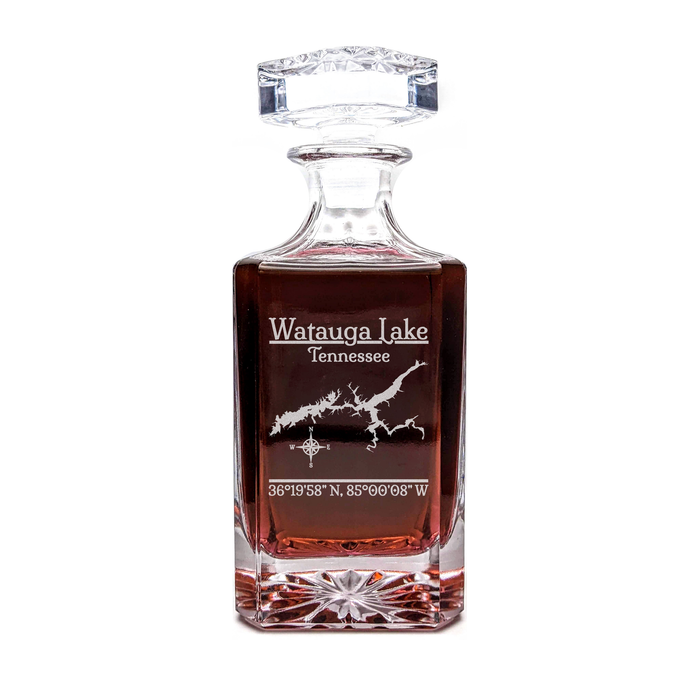 Lake Watauga Tennessee Classic engraved square whiskey decanter - light lifestyle scene