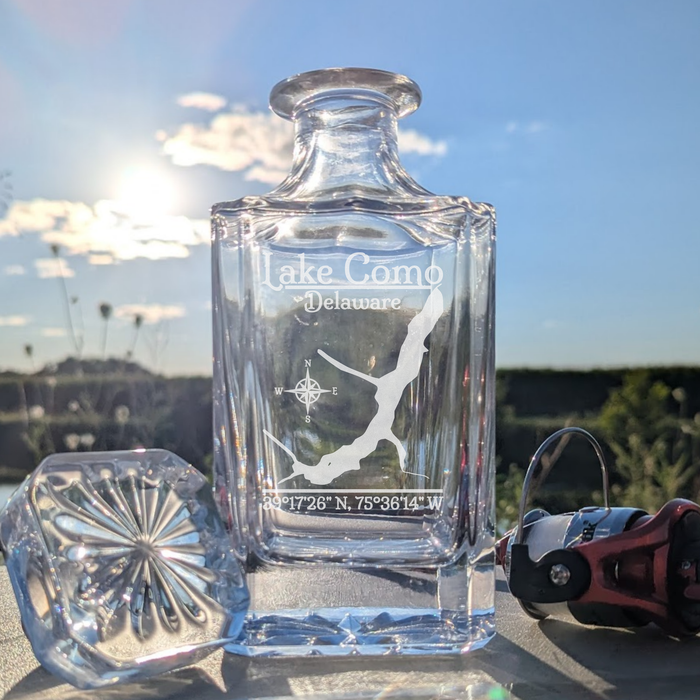 Lake Como Delaware Classic engraved square whiskey decanter - fishing lifestyle scene
