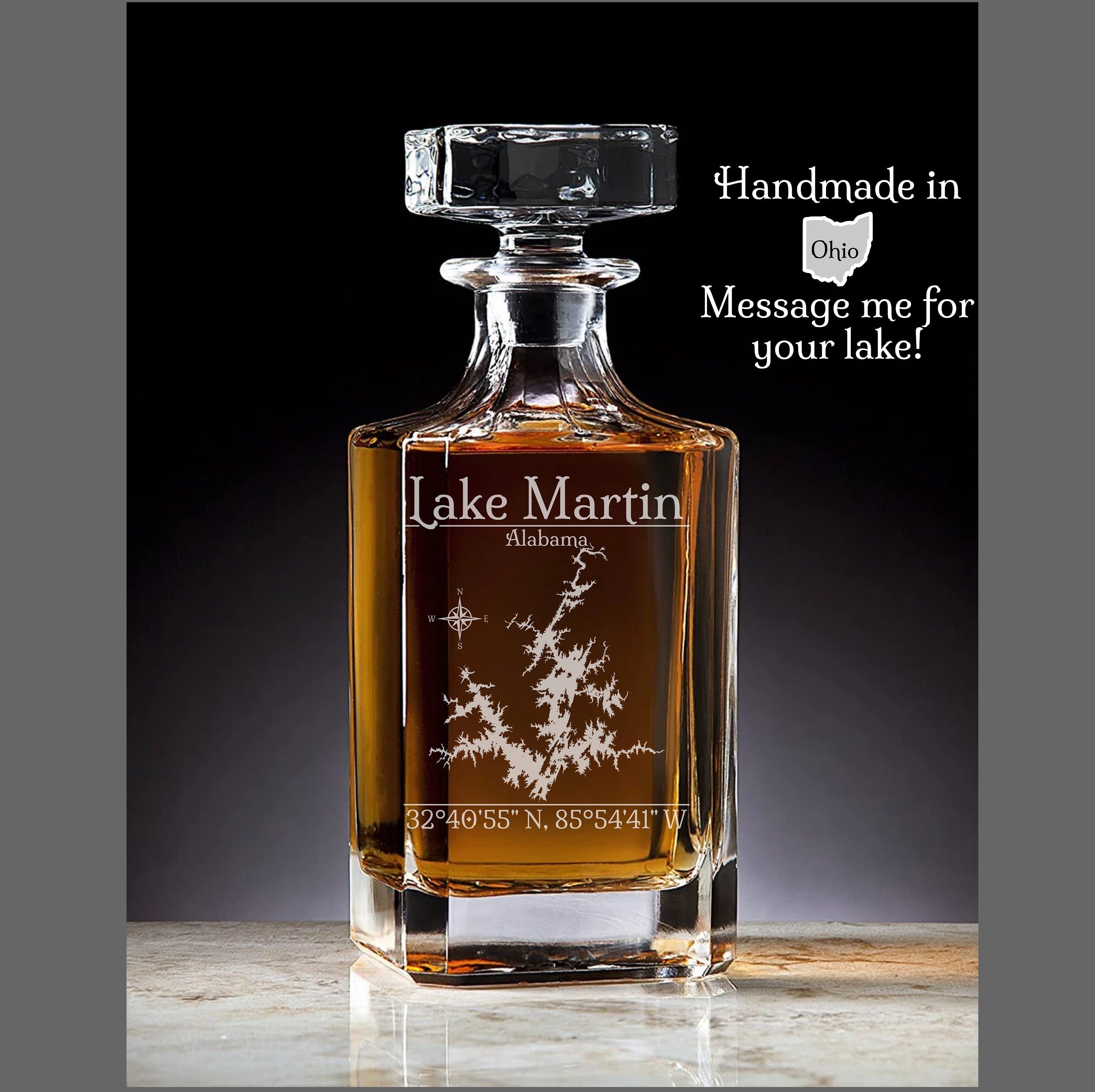 Lake Martin, Alabama Vintage Style Laser Engraved Glass Whiskey Decanter with Bottle Stopper