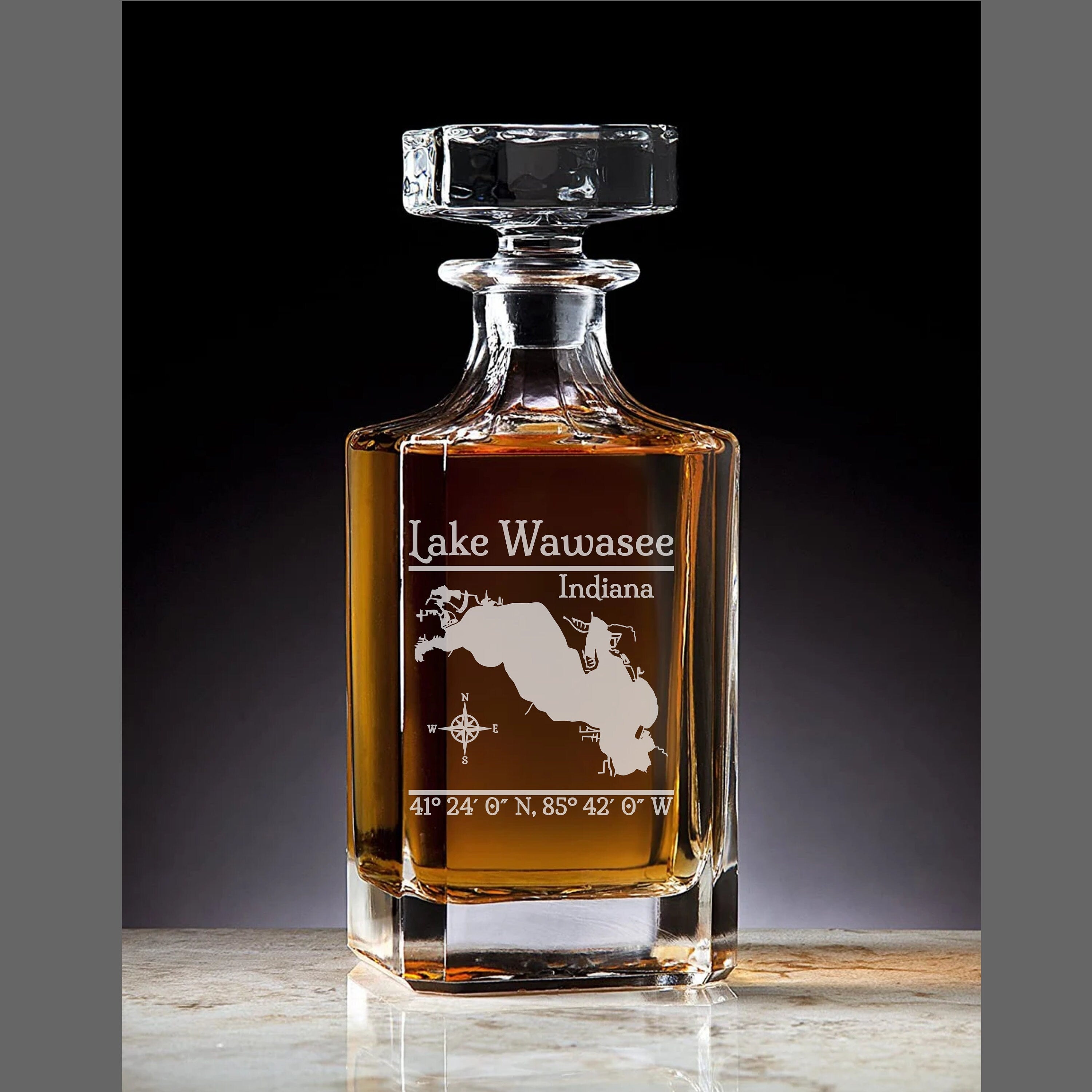 Lake Wawasee, Indiana Vintage Style Laser Engraved Glass Whiskey Decanter with Bottle Stopper - Gift for Men & Gift for Women