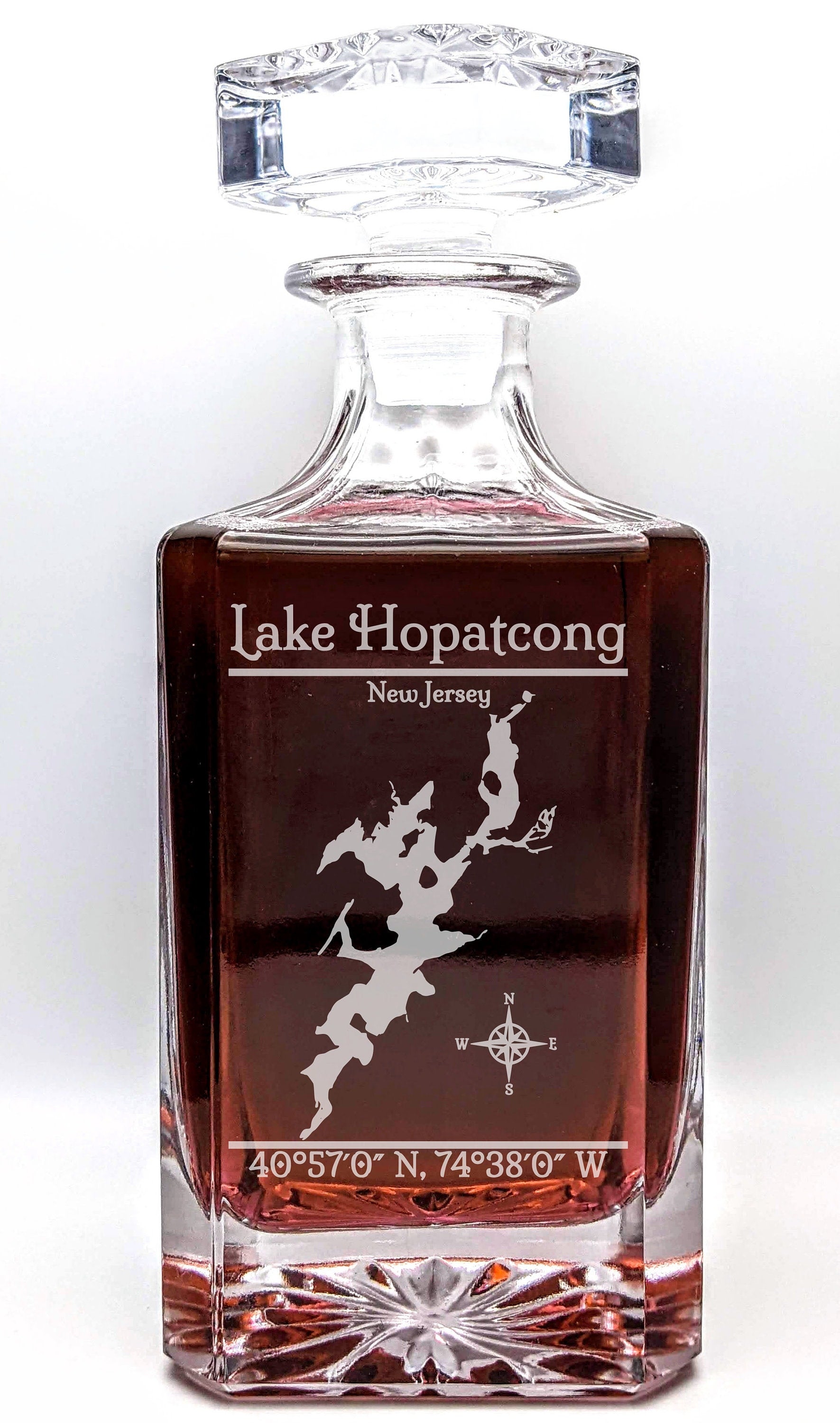 Lake Hopatcong, New Jersey Vintage Style Laser Engraved Glass Whiskey Decanter with Bottle Stopper