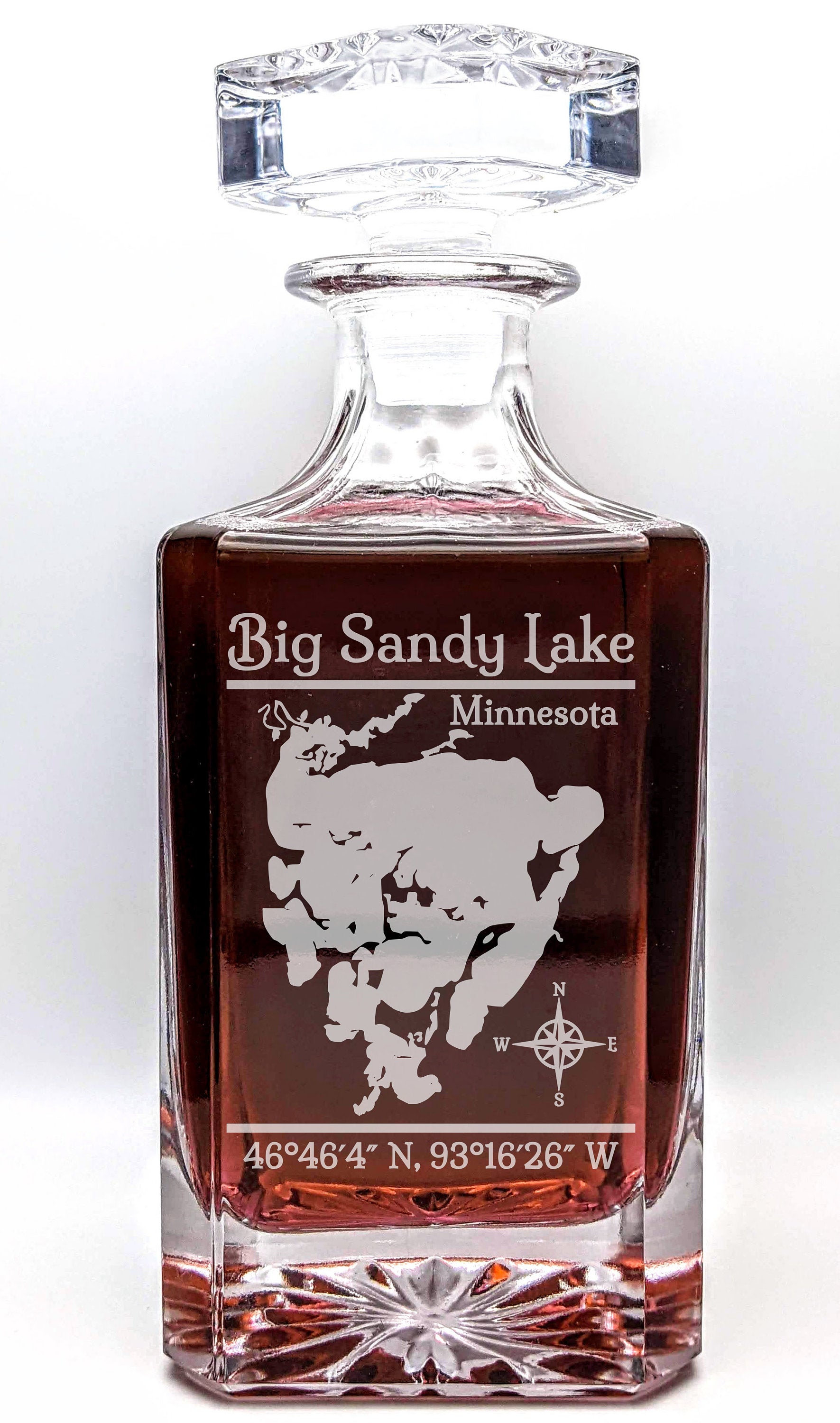 Big Sandy Lake, Minnesota Vintage Style Laser Engraved Glass Whiskey Decanter with Bottle Stopper - Gift for Men & Gift for Women
