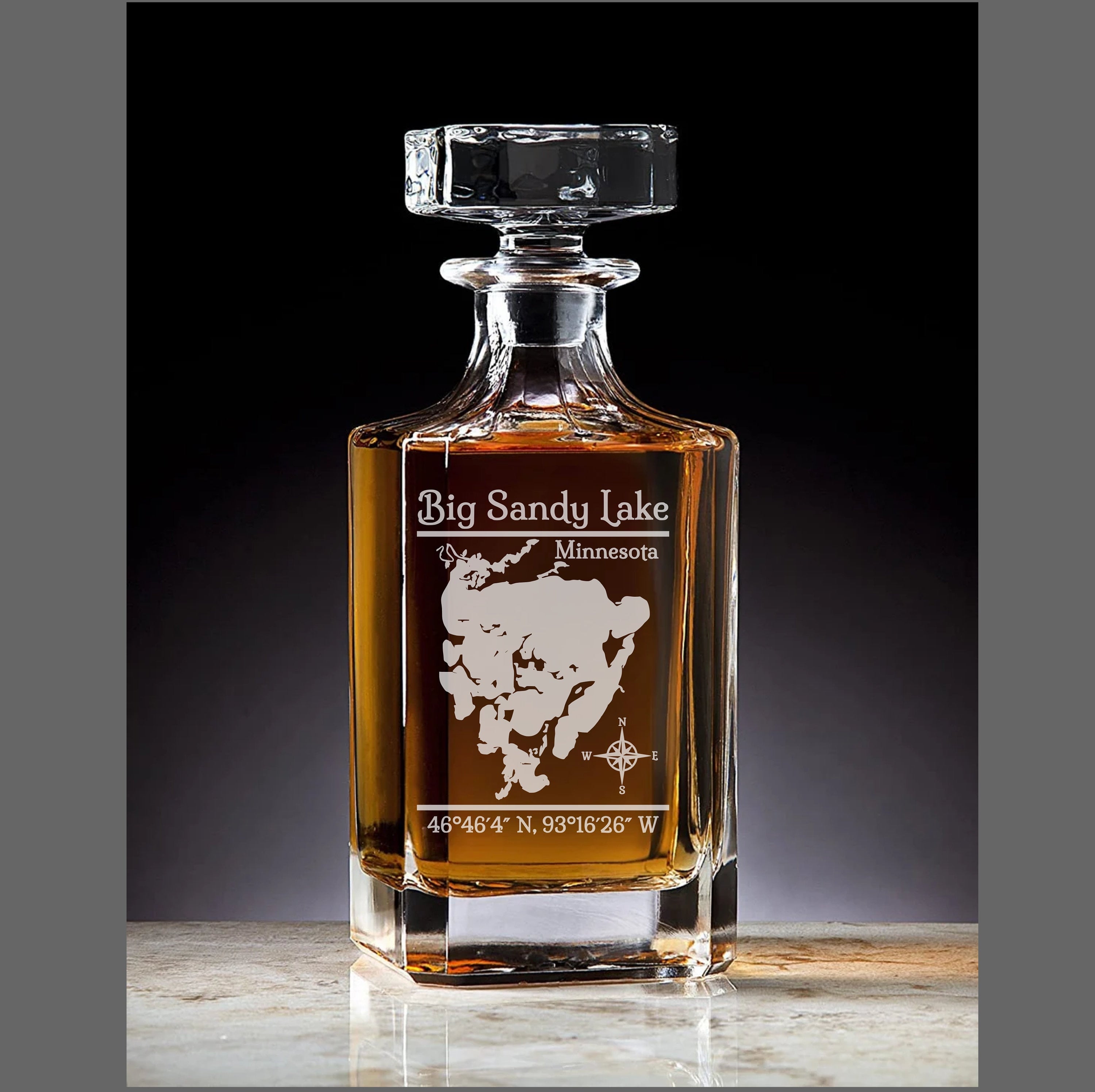 Big Sandy Lake, Minnesota Vintage Style Laser Engraved Glass Whiskey Decanter with Bottle Stopper - Gift for Men & Gift for Women