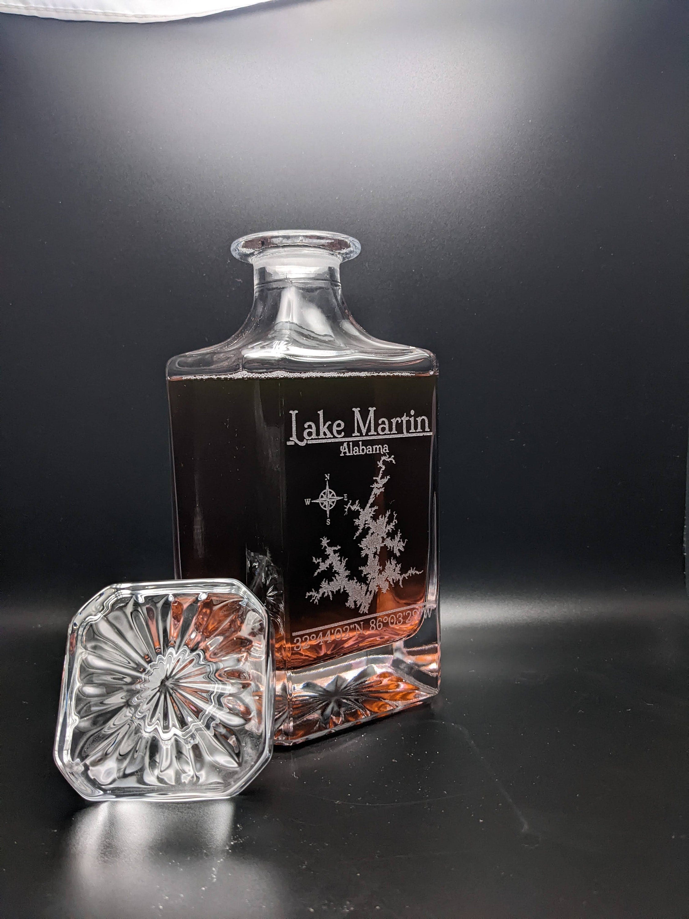 Lake Martin, Alabama Vintage Style Laser Engraved Glass Whiskey Decanter with Bottle Stopper