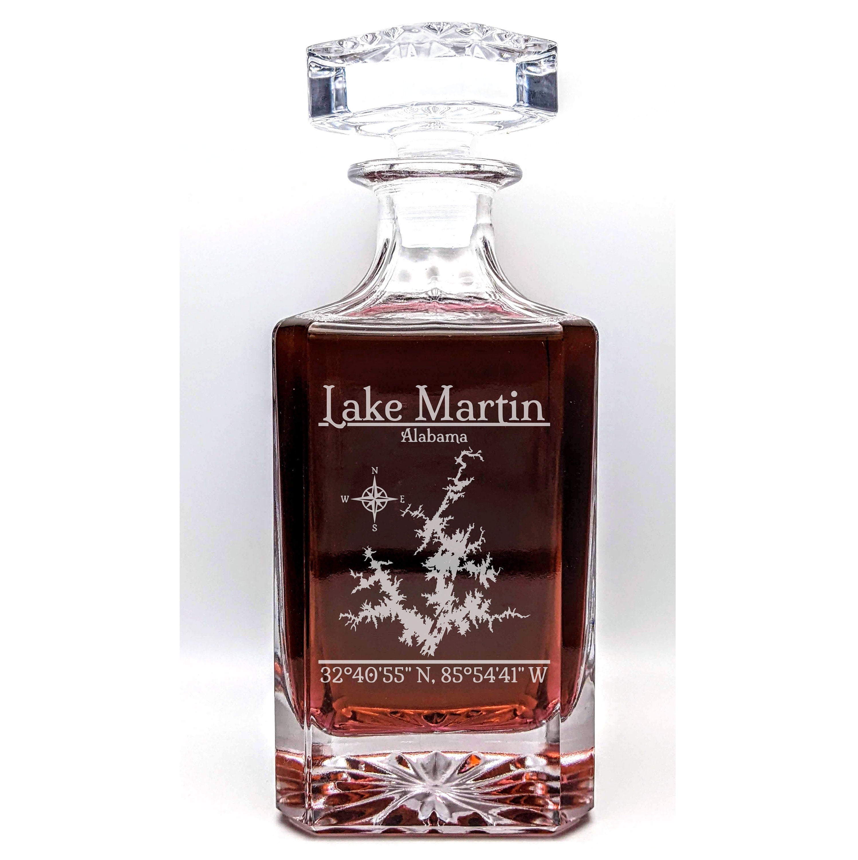 Lake Martin, Alabama Vintage Style Laser Engraved Glass Whiskey Decanter with Bottle Stopper