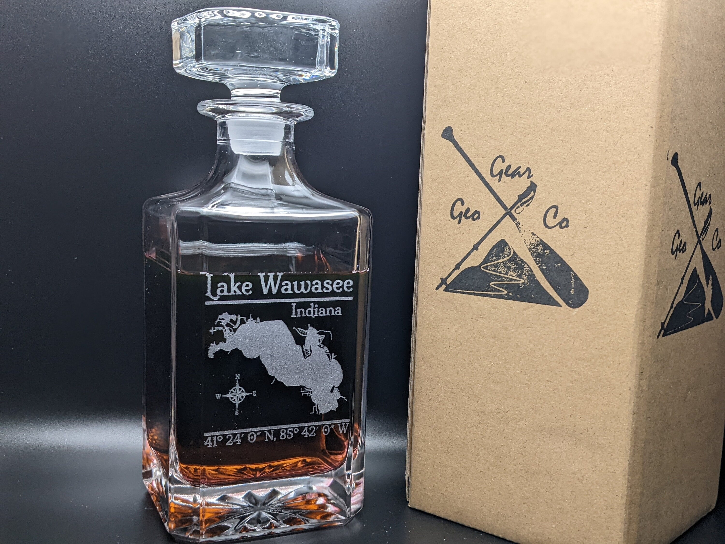 Lake Wawasee, Indiana Vintage Style Laser Engraved Glass Whiskey Decanter with Bottle Stopper - Gift for Men & Gift for Women