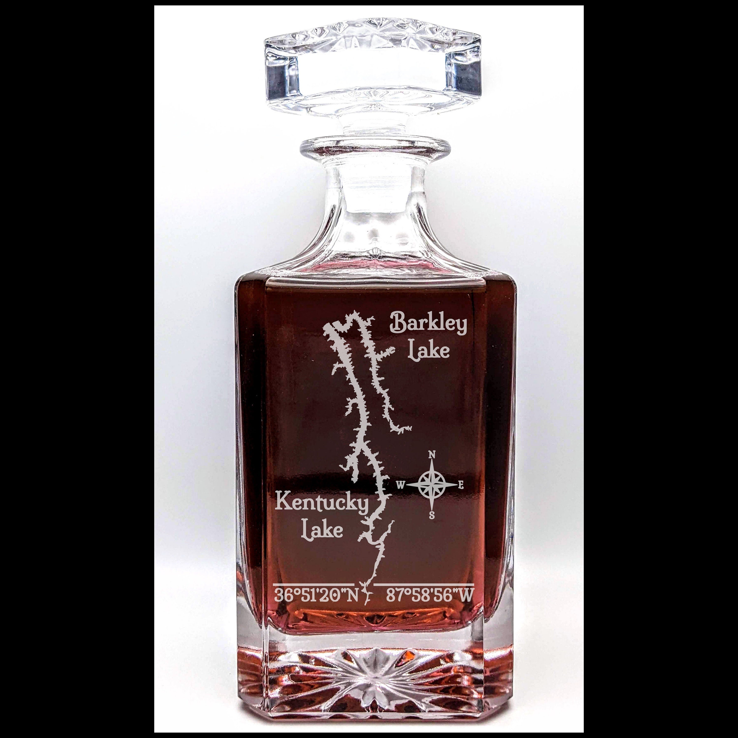 Kentucky and Barkley Lake, Kentucky and Tennessee Vintage Style Laser Engraved Glass Whiskey Decanter with Bottle Stopper