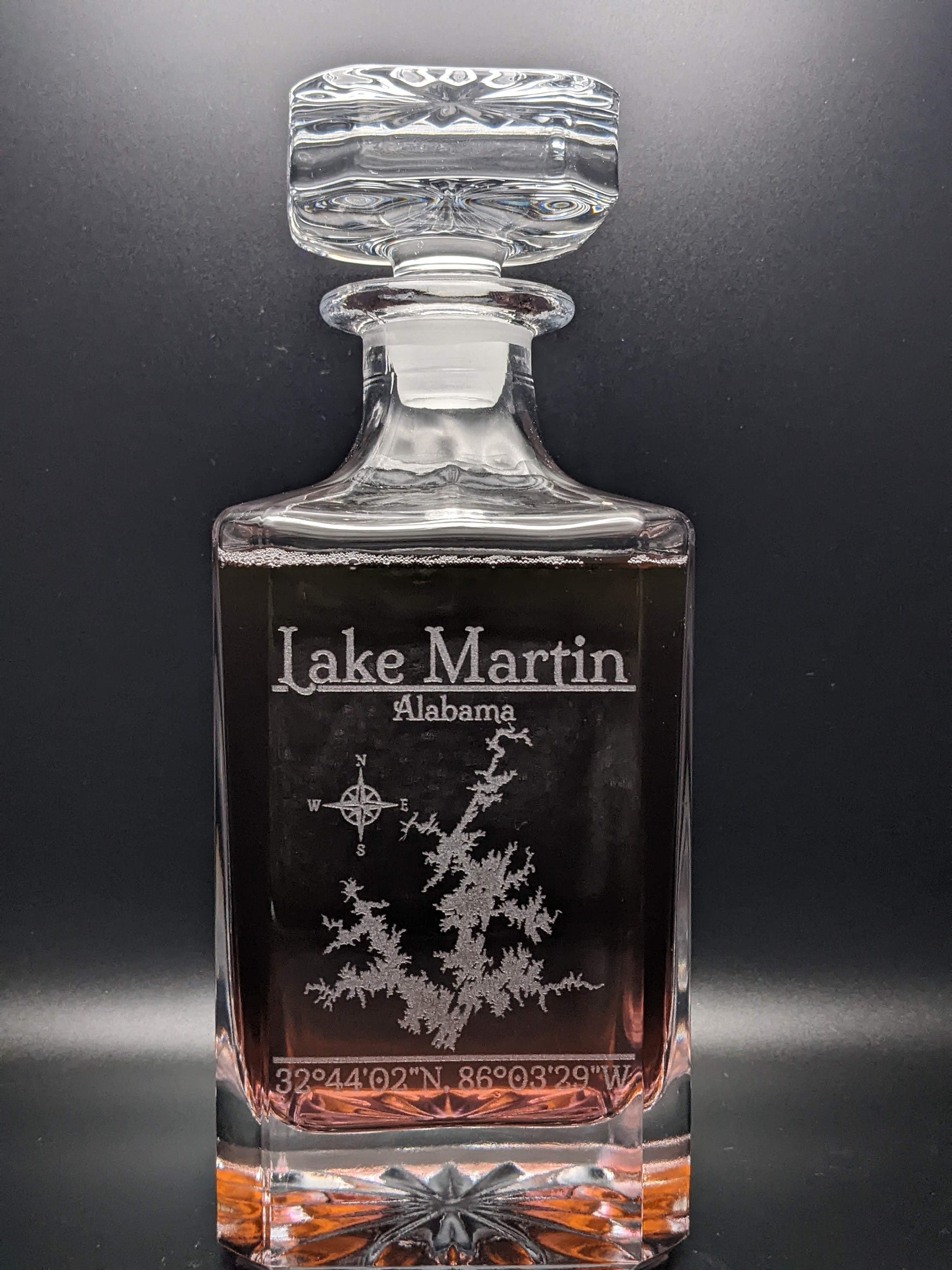 Lake Martin, Alabama Vintage Style Laser Engraved Glass Whiskey Decanter with Bottle Stopper