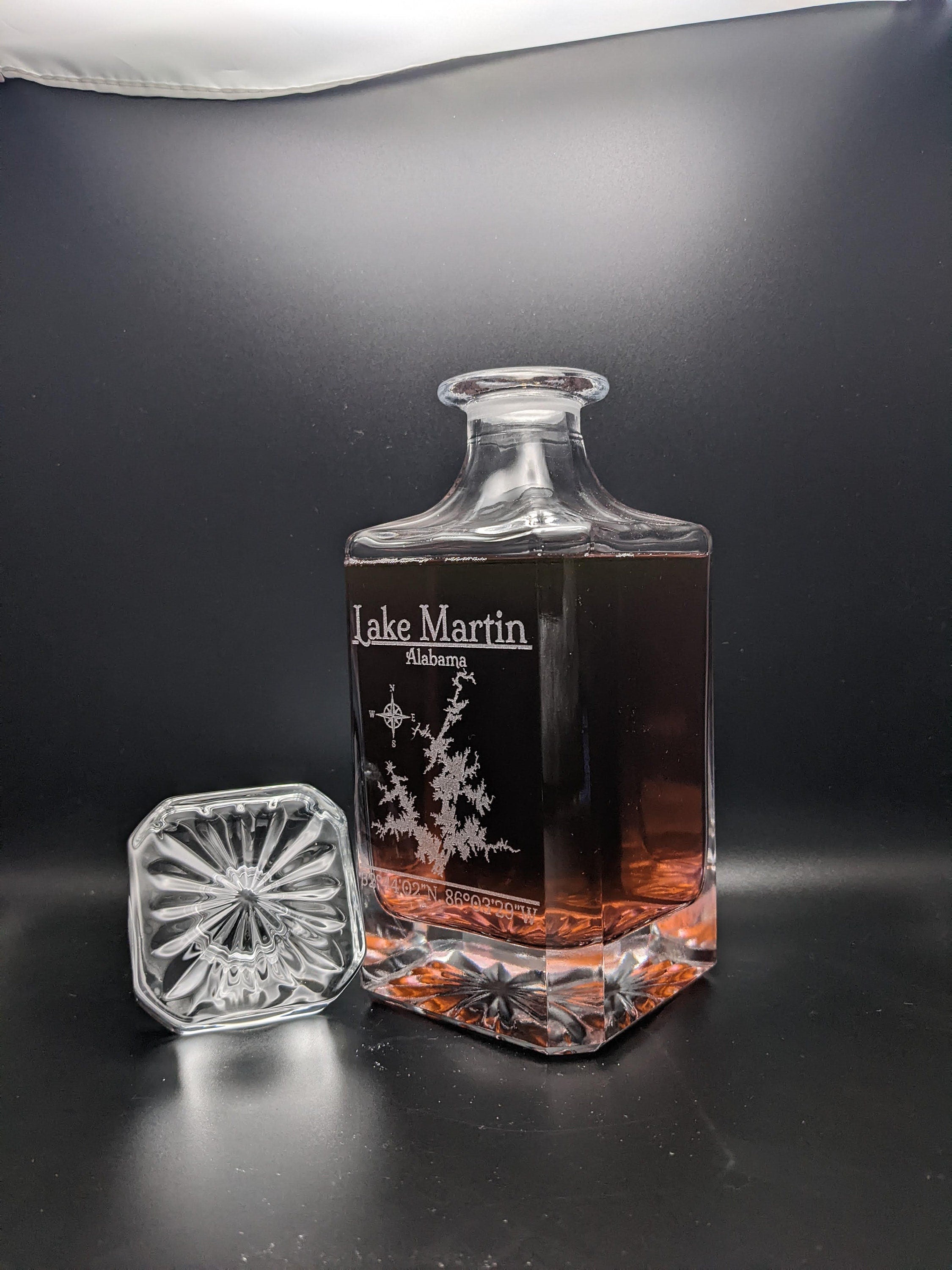 Lake Martin, Alabama Vintage Style Laser Engraved Glass Whiskey Decanter with Bottle Stopper