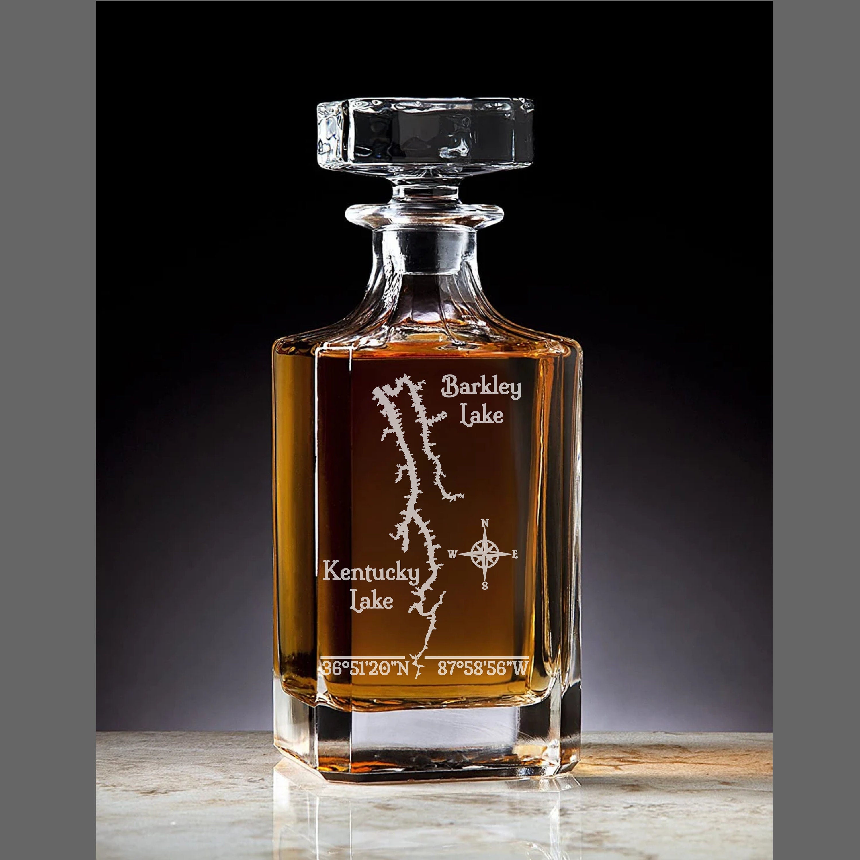 Kentucky and Barkley Lake, Kentucky and Tennessee Vintage Style Laser Engraved Glass Whiskey Decanter with Bottle Stopper